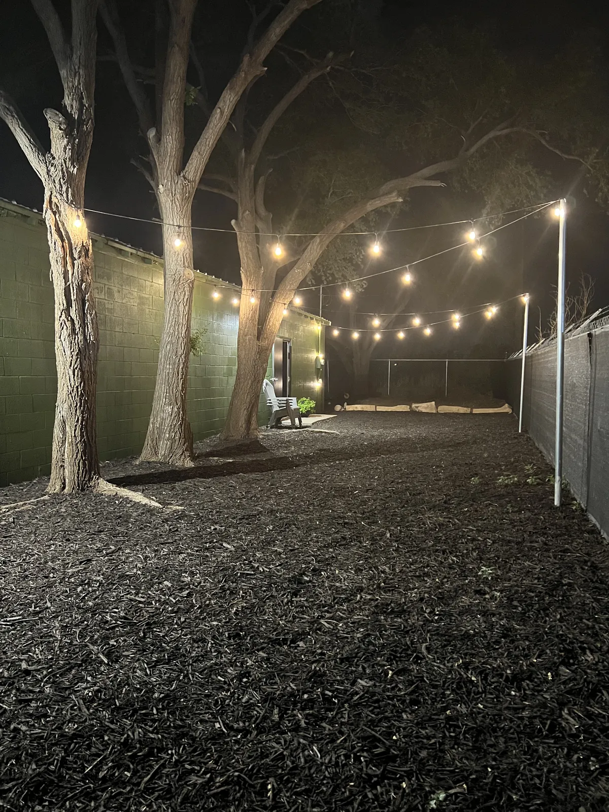 String lights over the backyard at night